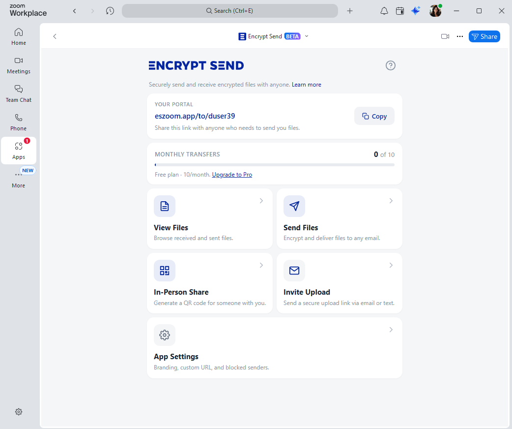 Encrypt Send for Zoom dashboard — personal upload link, monthly usage, and quick actions to send and receive files